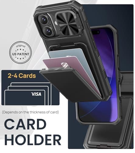 SSLOTSCASE for iPhone 17 Case with Card Holder & Kickstand & Slide Camera Lens Cover & Camera Stand & Wallet, Military-Grade Heavy Duty Hard Rugged Phone Case Cover for iPhone 17 6.3'' 5G 2025, Black — view 2