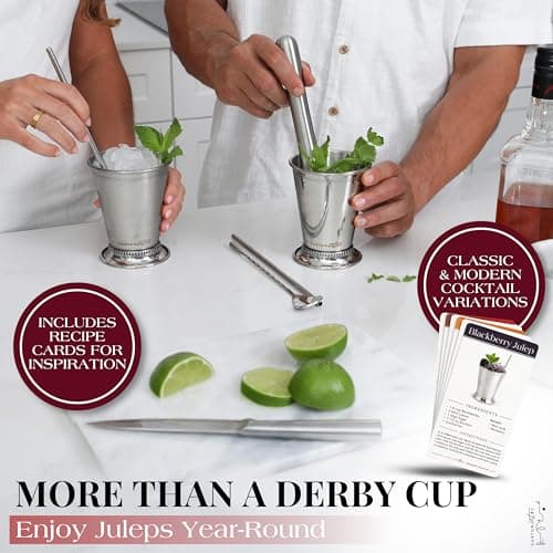 Gusto Nostro Mint Julep Cups Set of 2 - Stainless Steel Julep Cup Kit with Straws, Muddler, Spoon,Recipes, Vases - Southern-style Cocktail Glasses for Home Bar - Stainless Steel Cocktail Cups (Silver) — view 3