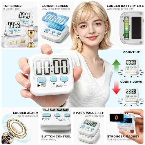 Antonki 2 Pack Digital Timer for Kids, Magnetic Countdown Kitchen Timers for Cooking, Egg, Classroom, Teacher, Exercise, Study, Oven - Battery Included — view 3