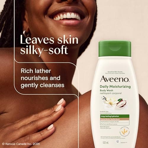 Aveeno Daily Moisturizing Body Wash with Cocoa Butter Vanilla Scent & Soothing Prebiotic Oat, Provides Long-Lasting Hydration for Sensitive Skin, Hypoallergenic, Paraben-Free, 532 mL — view 5