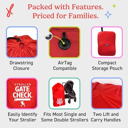 J.L. Childress Gate Check Bag for Single & Some Double Strollers - Travel Bag for Airplane, Fits Most Standard Baby Strollers, Airport Accessories for Gate Check, Flying Essentials - Red — view 6