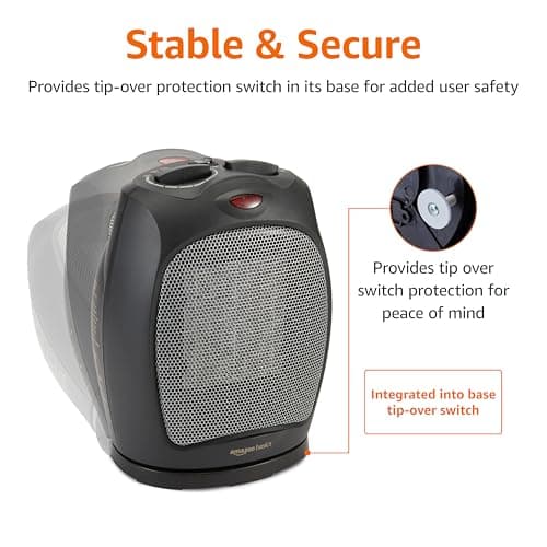 Amazon Basics Oscillating Ceramic Space Heater, Portable Fast Heating Indoor Solution, With Overheat and Tip-Over Protection, Thermostat, 1500W, 7.52"D x 6.34"W x 9.45"H, Black — view 4