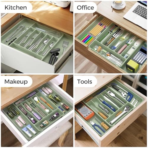 ukeetap Extra Large Expandable Silverware Organizer, BPA-Free Food-Safe Cutlery Flatware Organizer, Kitchen Utensil Drawer Organizer, Adjustable Silverware Holder for Spoons Forks Knives, Green — view 7