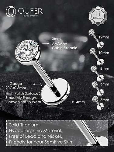 OUFER Nose Rings Studs, Titanium Nose Rings 20G, Nose Studs Threadless 6mm/8mm, Clear CZ Flat Back Nostril Piercing Jewelry for Women and Men — view 3