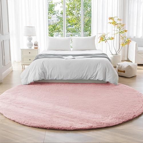 Amazon Basics Fluffy Washable Round Area Rug, Circle Shaggy Carpet for Living Room, Bedroom, Nursery, 4'R, Pink