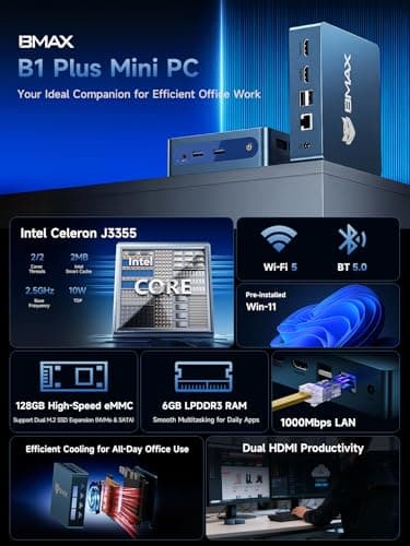 Bmax Mini PC B1 Plus, Intel Celeron J3355 (Up to 2.5GHz), 6GB RAM 128GB eMMC Support M.2 SSD Expansion (512GB/2TB), 4K Dual Display 2.4G/5G WiFi & BT5.0 Mini Desktop Computer for Home/Office