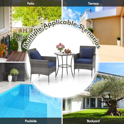 DORTALA Wicker Patio Furniture Set 3 Piece, Small Outdoor Table & Chairs with Tempered Glass Tabletop, Cushions, Rattan Conversation Bistro Set for Balcony, Porch, Backyard, Deck, Mix Gray+Navy — view 5