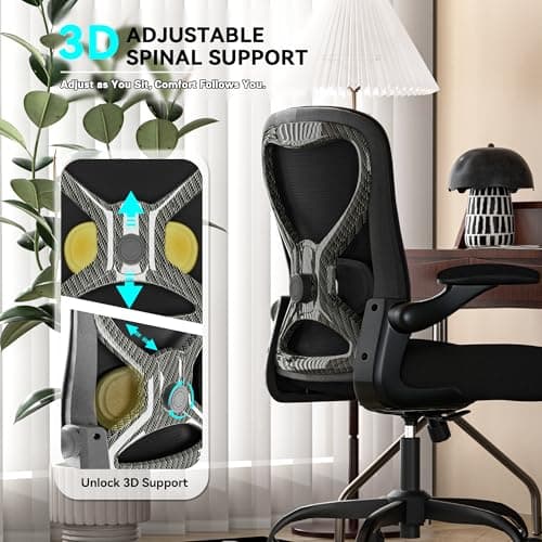 Ergonomic Office Desk Chair with 3.5" Thick Cushion, Adjustable Lumbar Support, Flip-Up Arms, Breathable Mesh Back Chair –Computer Task Chair for Home Office (Black-Black-C Fiber, Solid Back)