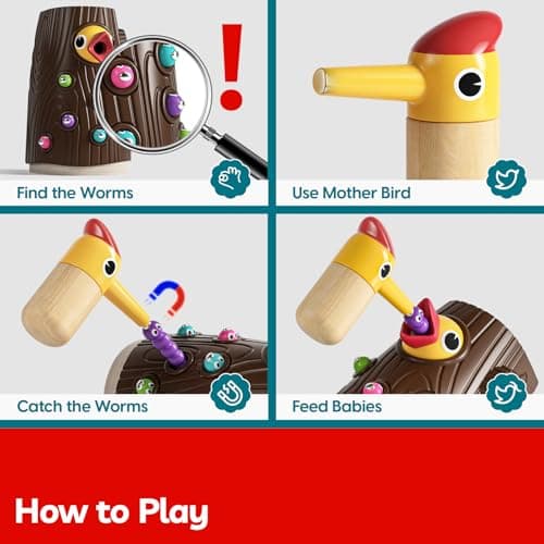 TOP BRIGHT Magnetic Pretend Play Game, Woodpecker & Worm Feeding Set, Fine Motor Skills Toy, Montessori Educational Gift for Toddlers — view 3