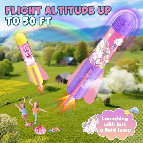 Notique 3 4 5 6 7 Year Old Girl Gifts, Unicorn Rocket Outdoor Toys for Girls Rocket Launcher with 8 Air Rockets Kids Girls Toys Unicorn Easter Birthday Girls Gifts 3-9 Years
