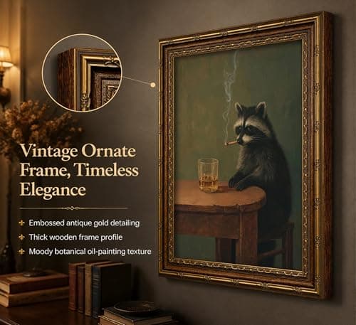 Vintage Gold Framed Smoking Raccoon Wall Art,Moody Dark Funny Animal Whiskey Cigar Canvas Print,Humor Funny Raccoon Wall Decor,Retro Bar Cart Poster Artwork,for Study Living Office Bar Decor — view 2