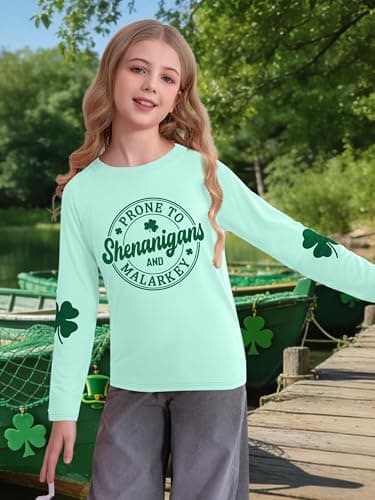 QAUN St Patricks Day Shirt Kids Shamrock Lucky Tshirt St Paddys Day Irish Shirts Graphic Tee Tops 5-14Y Cyan — view 2