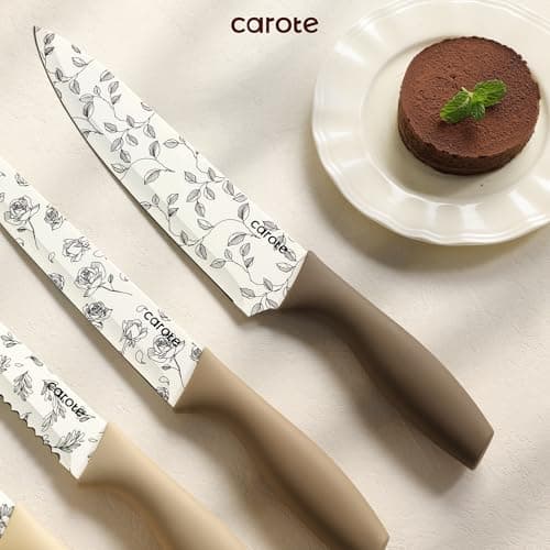CAROTE 12PCS Knife Set, Kitchen Knife Set with 6 Blade Guards, Stainless Steel Knives Set With Nonstick Ceramic Coating, Rustproof, Delicate Floral Designs, White — view 5