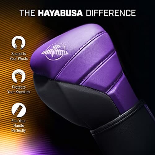 Hayabusa T3 Boxing Gloves for Men and Women Wrist and Knuckle Protection, Dual-X Hook and Loop Closure, Splinted Wrist Support, 5 Layer Foam Knuckle Padding - Purple/Black, 16 oz