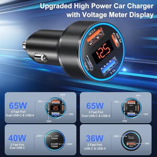3 Pack USB C Car Charger, 4-Port 65W Dual 12V USB-A & USBC Cigarette Lighter Adapter Plug with Voltmeter PD/QC 3.0 Fast Charging Car Phone Charger for iPhone 17 16e 15 14 13 12 Pro Max, Android-Black — view 2