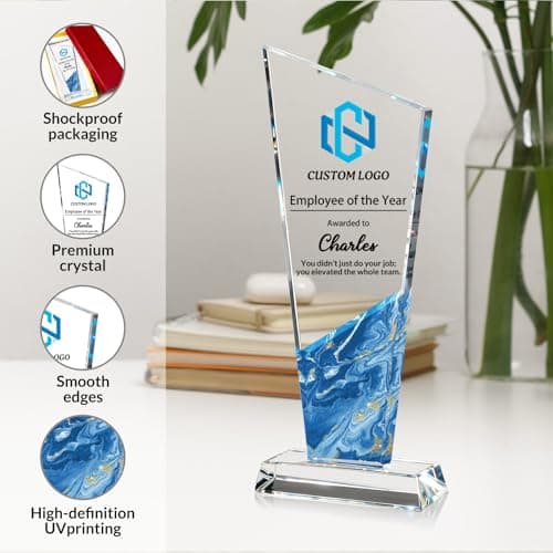Personalized Crystal Awards and Trophies, Custom Trophy with Text Logo Photo for Farewell Retirement, Corporate Employee Recognition, Thank You Gifts for Boss Employee Teacher (Blue Marble 1) — view 4