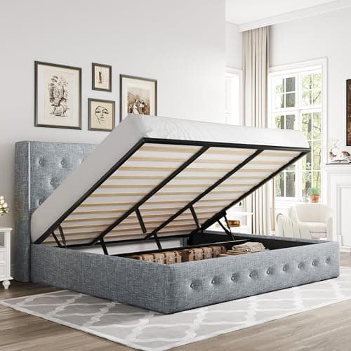 Allewie King Size Lift Up Storage Bed, Button Tufted Headboard with Wingback, Hydraulic Support, No Box Spring Needed, Grey Blue
