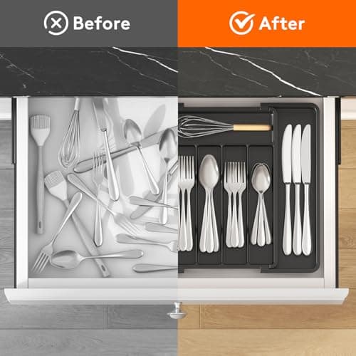 Lifewit Expandable Silverware Organizer, Plastic Utensil Tray for Kitchen Drawer, BPA Free Flatware Cutlery Holder, Space-Saving Storage for Spoons Forks Knives, 8-13.8 x 11.2 x 1.4 inch, Black — view 3