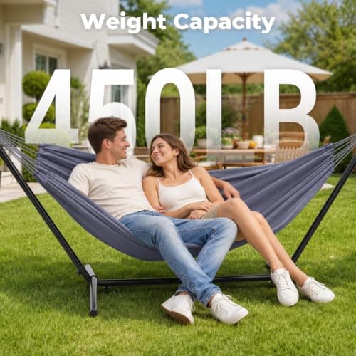 Hammock with Stand, Ohuhu Double Hammock with Space Saving Steel Stand & Pillow 2 Person Hammocks with Portable Carrying Bag for Camping Garden Patio Indoor Use Gift for Birthday, Grey — view 6