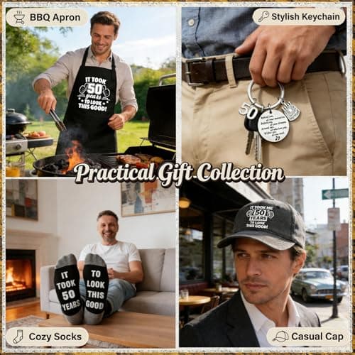 50th Birthday Gifts for Men Whiskey Glass Set, Cool Gifts for 50 Year Old Men with 11 Oz Whiskey Glass Apron Baseball Cap Sock Keychain Bottle Opener Greeting Card for Him Dad Husband Friends — view 4