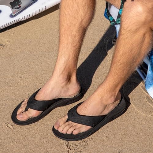 Reef Fanning Mens Bottle Opener Flip Flop, Arch Support, Durable Outsole, Water Friendly, Grey/Black, 10