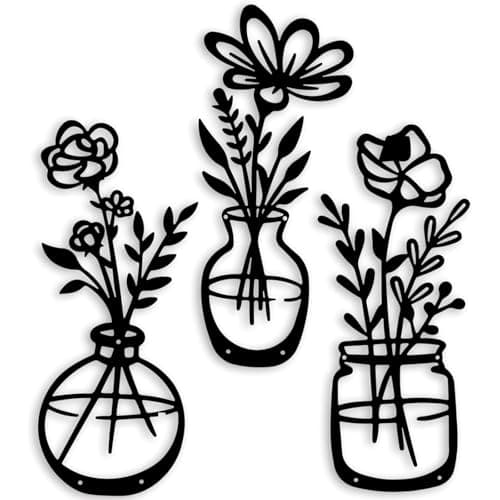 3 PCS Black Metal Flowers Wall Decor Grandma Mothers Day Gift Birthday Gifts for Women Wall Art Metal Wall Sculptures Hanging for Indoor Kitchen Bathroom Bedroom living room 14.56x5.9 inches