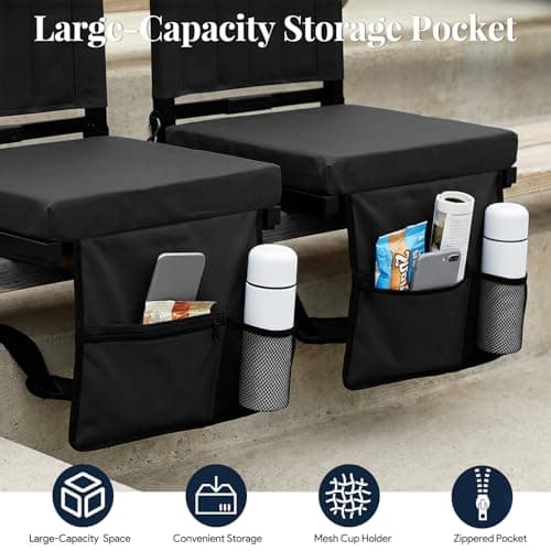 NBYTLT 2 Pack Stadium Seats for Bleachers with Back Support, Folding Bleacher Chairs with Wide Padded Cushion, Backrest and Shoulder Strap, Portable Bleacher Cushion for Sports Outdoor Event, Black — view 3