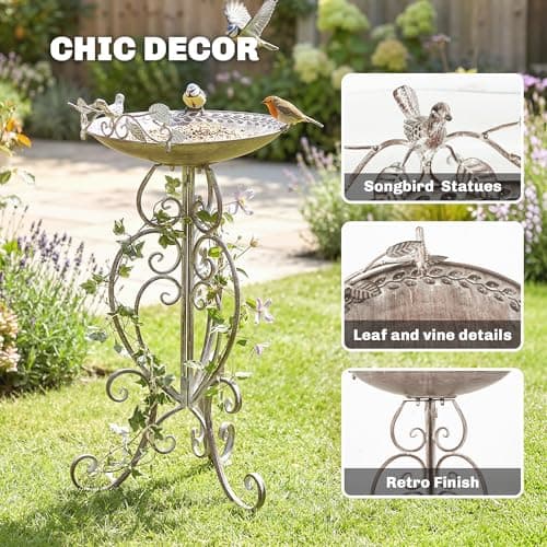 Outsunny 32" Tall Bird Bath with Bird Statues and Decorative Stand, Vintage Garden BirdBath Bowl Pedestal, Freestanding Bird Feeder for Garden Yard Patio, Brown — view 3