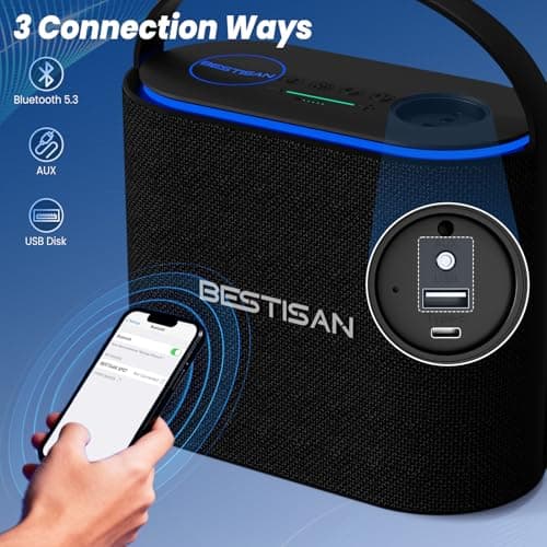 BESTISAN Bluetooth Speakers 2.1CH with 90W Max & 50W Subwoofer, Stereo Loud Sound, 7 RGB Lights, 15H Playtime, Hands-Free Calling, TWS, Portable for Outdoor Party, Camping, Travel, Garage, Workshop — view 4