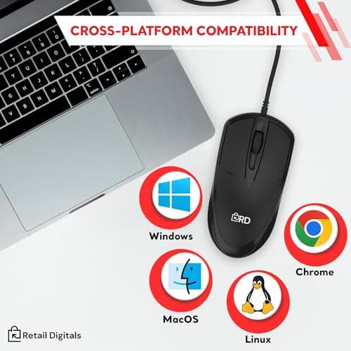 Retail Digitals 3-Button USB Wired Mouse | High-Precision Optical Tracking | Durable for Desktop & Laptop | Black — view 2