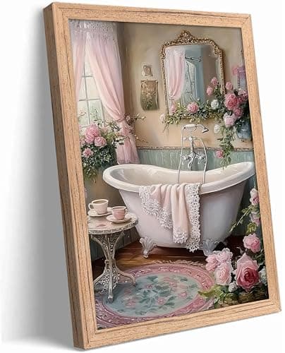 Pink Flowers Theme Bathroom Canvas Wall Art Vintage Bathtub Painting Picture Wall Decor Floral Botanical Poster Print Artwork for Toilet bedroom Restroom Home Decoration