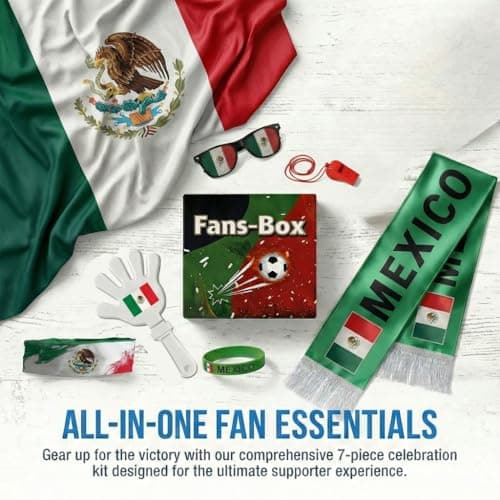 Soccer Fan Gear Set 2026-7 Piece Game Day Kit with Flag, Scarf, Glasses, Whistle, Clapper, Wristband & Headband in Gift Box - Watch Party & Stadium Essentials for Mexico — view 3