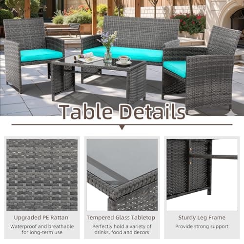 4 Piece Patio Ratten Set Outdoor Furniture Set Wicker Conversation Sets with Cushions and Tempered Glass Tabletop,Blue — view 2