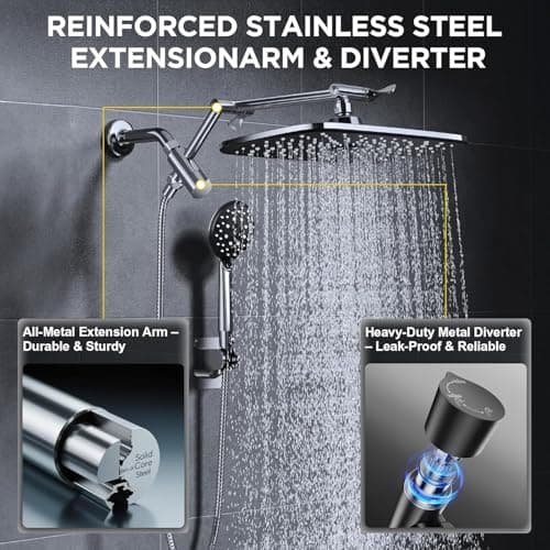 Veken Wide High Pressure Rain Shower Head with Handheld, Handheld Shower Heads with Multi Spray Modes, Rainfall Combo with 15" Metal Extension Arm,Detachable Dual Shower, Bathroom Decor,Chrome Silver — view 5