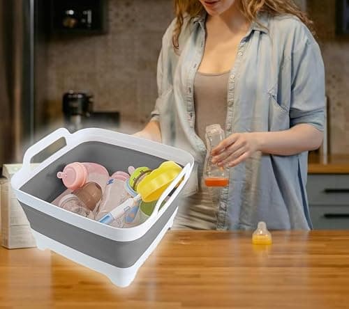 GIMWA Collapsible Wash Basin with Drain Plug - 2.4 Gallon Foldable Kitchen Sink for Baby Bottles, RV Camping, Space-Saving Dish Tub (Gray) — view 5
