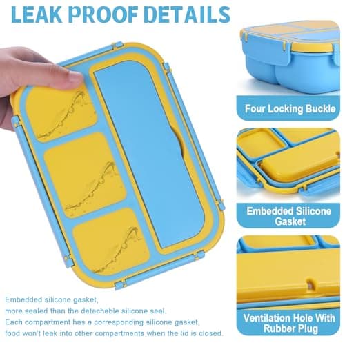 shell and turtle Bento Box for Kids Girls Boys, Bento Box Adult Lunch Box with 4 Compartments, Lunch Containers with Utensils, Sauce Jar, Muffin Liners for School, 40 Oz/5 Cup, Blue — view 3