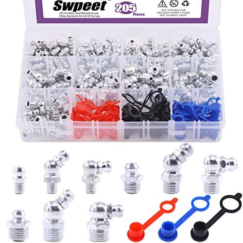 Swpeet 206Pcs Hydraulic Fitting Kit - M6 M8 M10 Straight 45 Degree 90 Degree Angled Grease Zerks for Broken Zerk Fitting