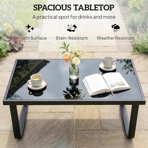 Outsunny Outdoor Patio Coffee Table, Rectangle Metal Side Table with Tempered Glass Tabletop, Adjustable Foot Pads for Deck, Balcony, Lawn, Black — view 3