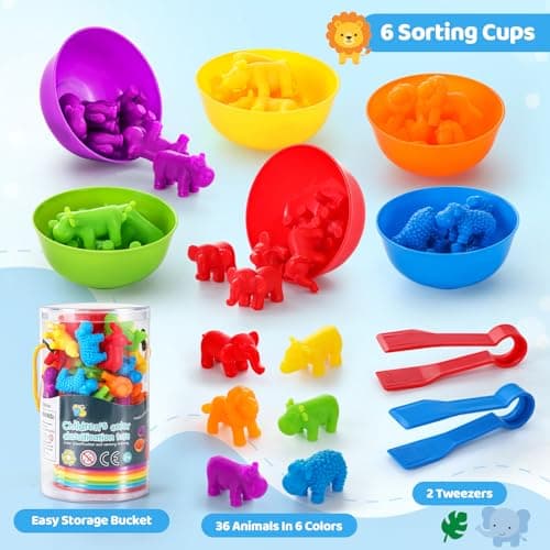Counting Animals Matching Game for Toddlers, Montessori Sorting & Counting Toy with 36 Animal, 6 Sorting Bowls, 2 Tweezers and Storage Bucket, Fine Motor Preschool Learning Gift,Learning Activities