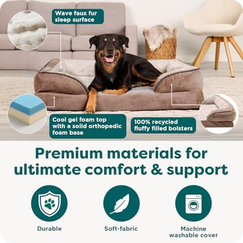 Furhaven Cooling Gel Dog Bed for Large Dogs w/Removable Bolsters & Washable Cover, for Dogs Up to 95 lbs - Plush & Velvet Waves Perfect Comfort Sofa - Brownstone, Jumbo/XL — view 4