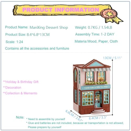Roroom DIY Miniature and Furniture Dollhouse Kit,Mini 3D Wooden Doll House Craft Model with LED,Creative Room Idea for Valentine's Day Birthday Gift(ManXing Dessert Shop-D013) — view 2