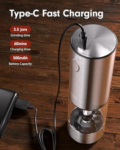 TOMEEM Upgraded Larger Capacity Electric Salt and Pepper Grinder Set Rechargeable with LED lights, Stainless Steel Automatic Pepper and Salt Grinder Refillable with 5 Adjustable Coarseness — view 2