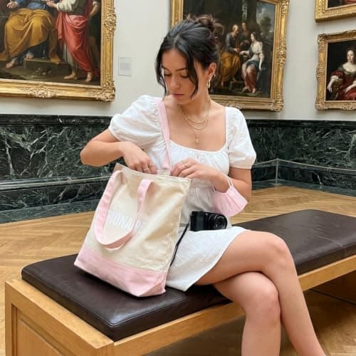 CUSHIONAIRE Canvas Tote Bag for Women, Everyday Casual Beach Bag with Secure Zip Top and Exterior Storage Pocket, Pink — view 5
