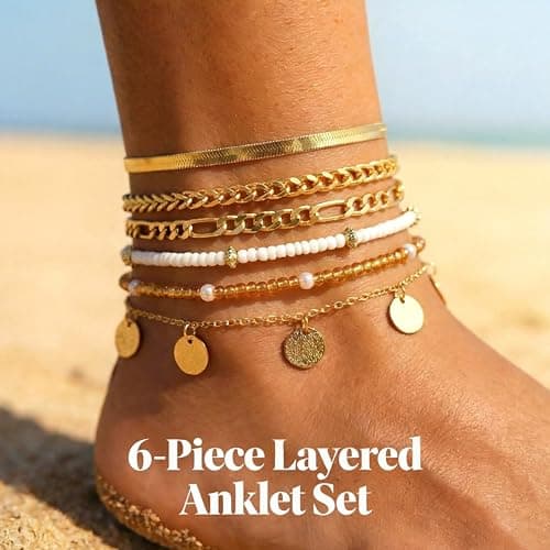 FAXHION Gold Ankle Bracelets for Women Waterproof, layered Coin Bead Cuban Link Chain Adjustable Anklets Set, Summer Boho Anklet Beach Jewelry Gift for Women — view 4