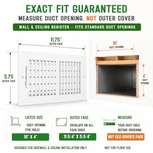 GREEN VENT 4x10 Vent Cover, 2-Way Steel Register, Wall & Ceiling, White — view 3