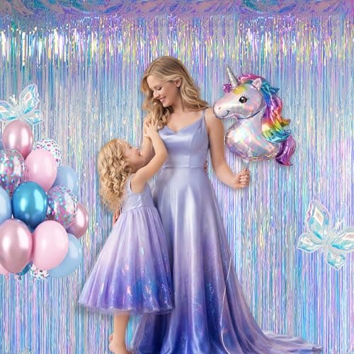 Melsan Iridescent Foil Fringe Backdrops Party Decorations - 2 Pack 3.2 x 6.5 ft Metallic Tinsel Photo Backdrop Curtains for Mermaid Unicorn Birthdays Parties - Iridescent 2 Packs — view 5