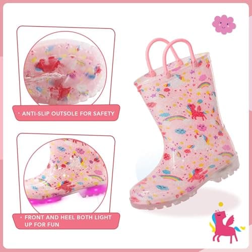 EUXTERPA Kids Toddler Light Up Rain Boots Girls Waterproof Patterns and Glitter Boots with Easy On Handles, Pink Unicorn, Little Kid Size 13 — view 3