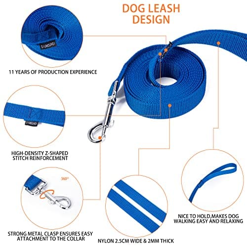Siumouhoi Strong Durable Nylon Dog Training Leash, 1 Inch Wide Traction Rope, 6 ft 10ft 15ft Long, for Small and Medium Dog (Blue, 10 Feet) — view 3