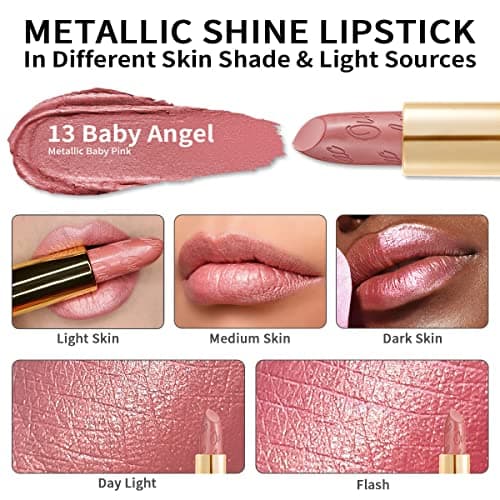 Oulac Metallic Shine Baby Pink Lipstick for Women, High Impact Lipcolor with Moisturizing Creamy Formula, Vegan Beauty Full-Coverage Lip Color 4.3 g/0.15 oz (Baby Angel(13)) — view 4