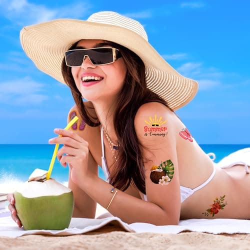JCFIRE Summer Pool Beach Party Favors Kids Tattoos, 102 Styles Larger Tropical Hawaiian Luau Themed Temporary Tattoos for Kids Teens Adult, Waterproof Summer Stickers Party Decorations Supplies — view 5